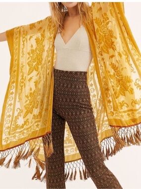 Free People Yellow Burnout Velvet Floral Fringe Boho Kimono